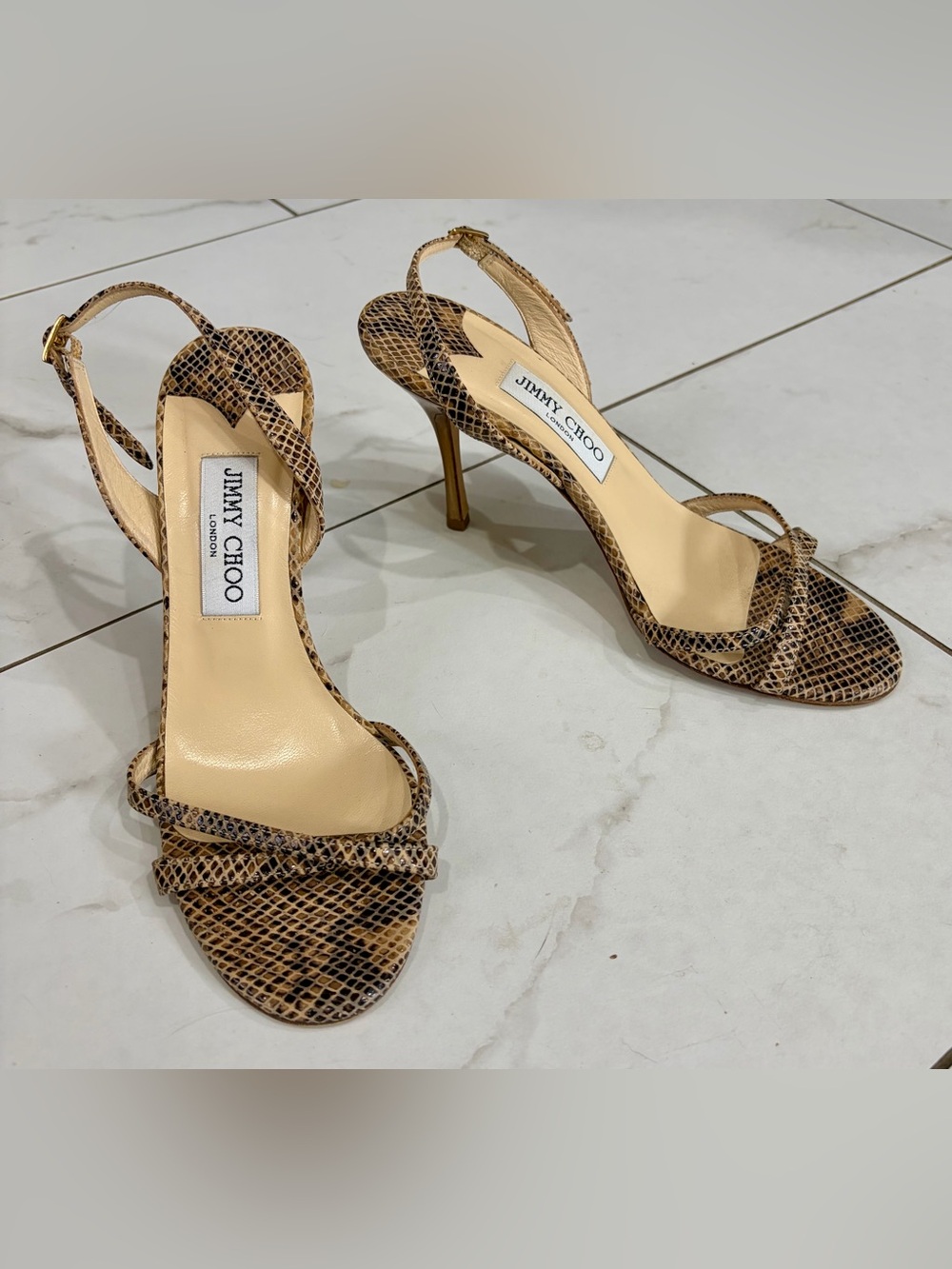 Jimmy Choo Tan Snakeskin Stiletto Slingback Heels 38.5